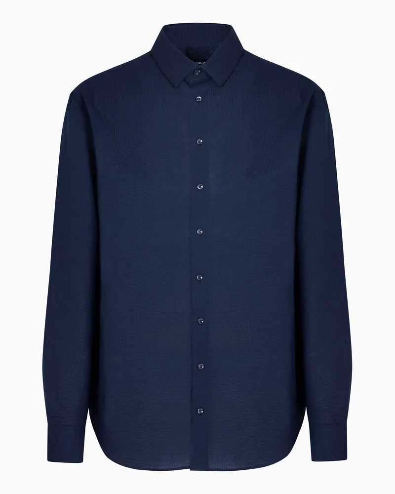 Giorgio Armani Hemd in Regular Fit aus Seersucker-Baumwolle Blau