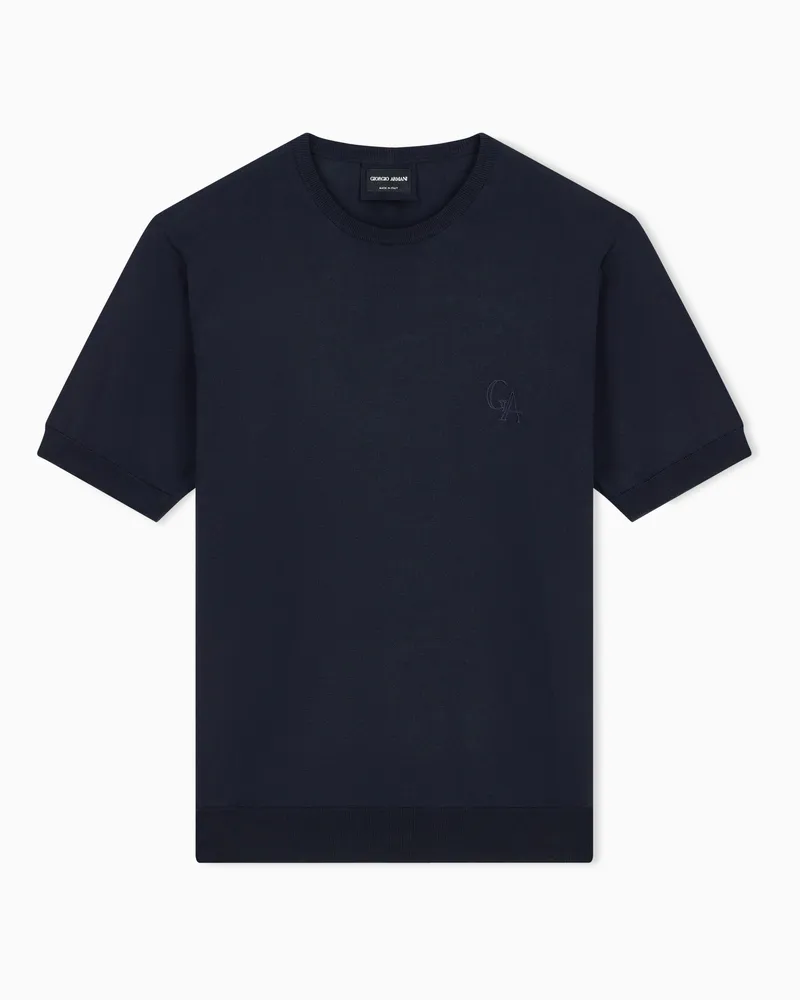 Giorgio Armani Kurzärmeliger Feinstrickpullover aus Seide und Baumwolle Marineblau