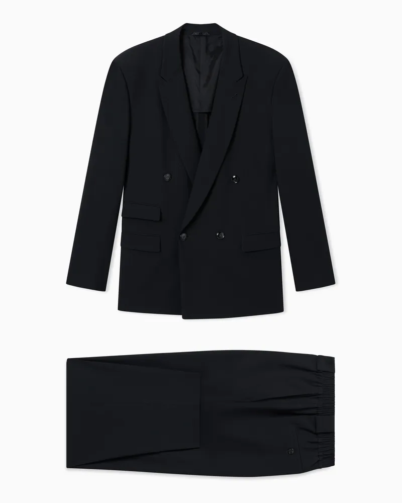 Giorgio Armani Zweireihiger Anzug aus Schurwollkrepp mit elastischem Bund Schwarz