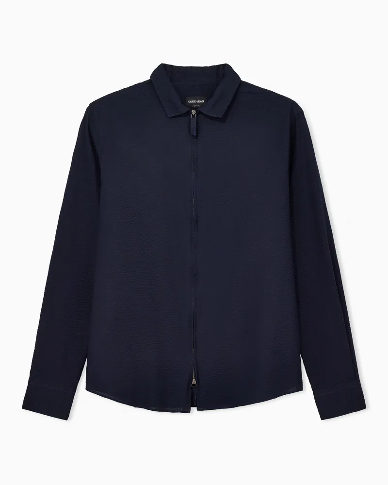 Giorgio Armani Hemd mit Reißverschluss aus Seersucker-Baumwolle Marineblau