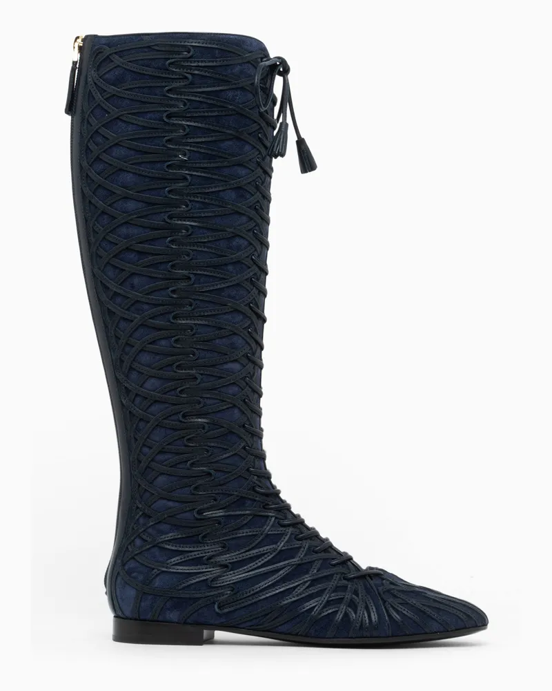 Giorgio Armani Boot kniehohe Wildlederstiefel Schnürung und flache Sohle Blau