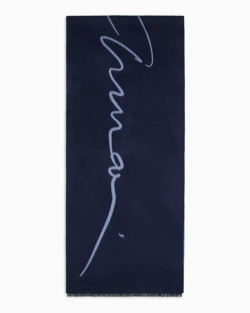 Giorgio Armani Zweifarbiger Schal aus Wolle und Seide mit Logo-Schriftzug Blau
