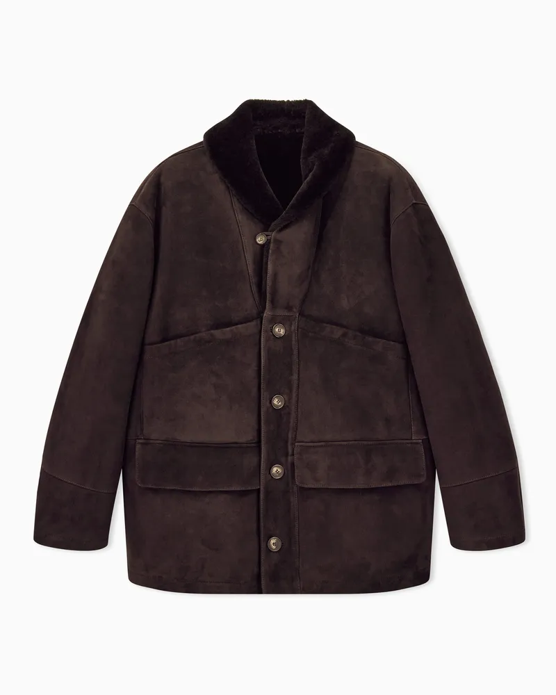 Giorgio Armani Blouson aus Wildleder mit Shearlingfutter und Knopfleiste Braun