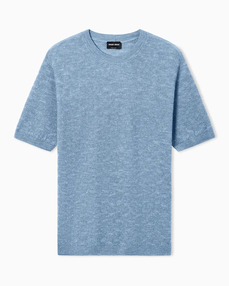 Giorgio Armani Pullover aus Kaschmir, Seide und Hanf mit Linksstrick-Verarbeitung und Rundhalsausschnitt Hellblau