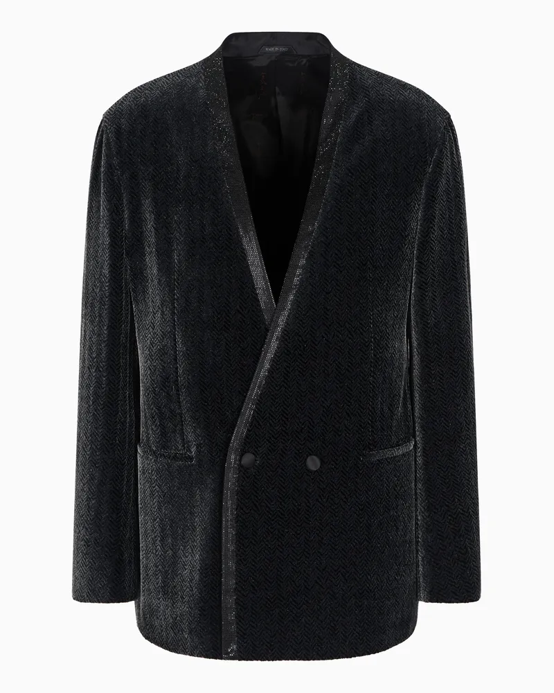 Giorgio Armani Giorgio's doppelreihige Smoking-Jacke aus Samt mit Fischgrat-Print Schwarz