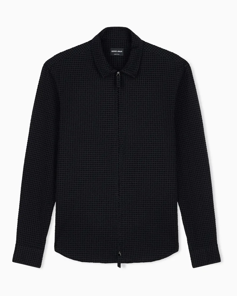 Giorgio Armani Slim Fit Baumwollhemd mit Reißverschluss und Flockdruck Schwarz