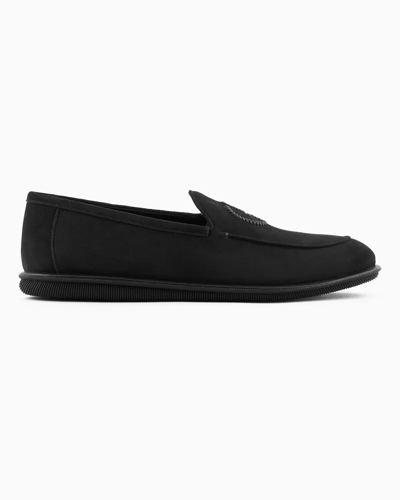 Giorgio Armani Mokassins aus Veloursleder mit Logo-Stickerei Schwarz