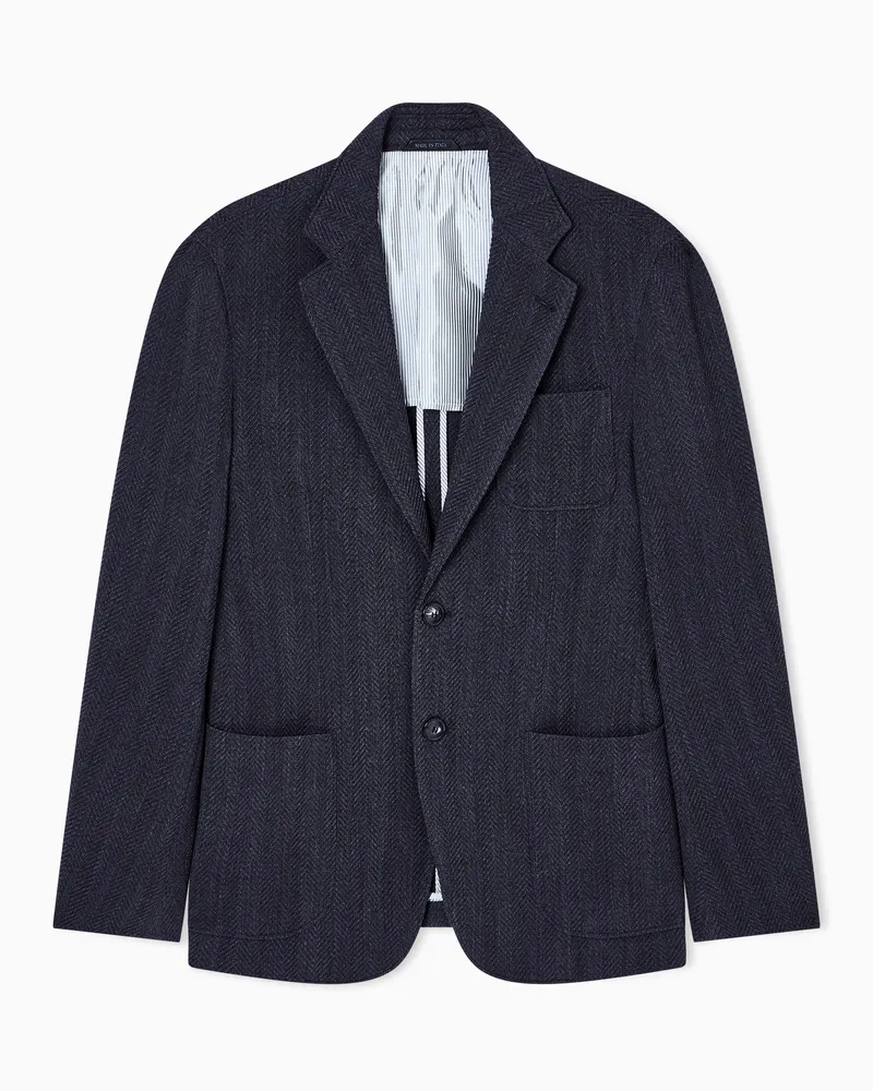 Giorgio Armani Einreihiges Sakko aus der Upton-Line aus elastischer Schurwolle mit Fischgrat-Muster Blau