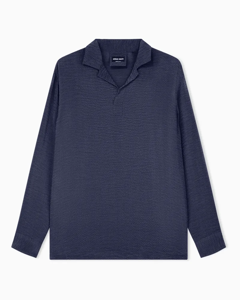 Giorgio Armani Langarmhemd aus Cupro-Jacquard mit einem Fischgrätmuster Blau