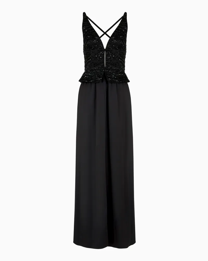 Giorgio Armani Langes Kleid aus bestickter Seide Schwarz