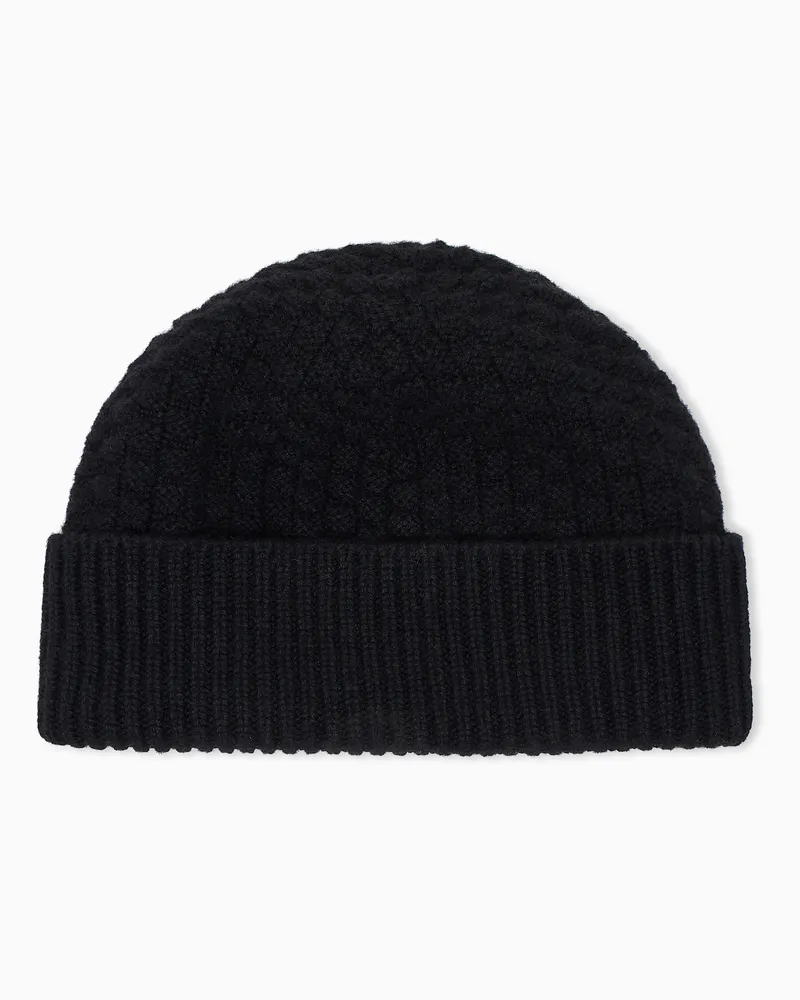 Giorgio Armani Beanie aus Kaschmir im Kästchenmuster mit Rippumschlag Schwarz