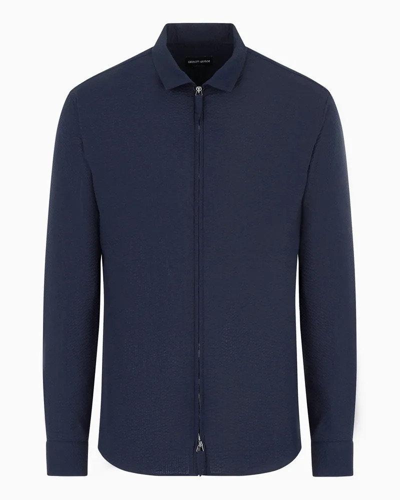 Giorgio Armani Hemd in Slim Fit mit Reißverschluss aus Seersucker-Baumwolle Blau