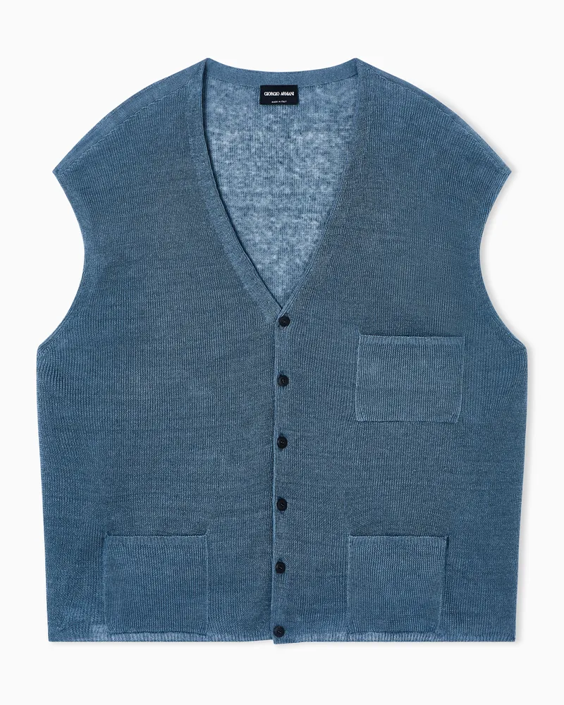 Giorgio Armani Einreihige Weste aus Leinen Hellblau