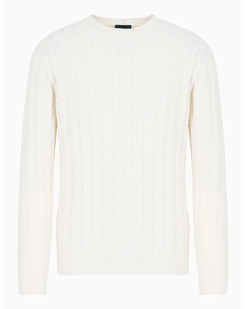 Giorgio Armani Pullover mit Rundhalsausschnitt Aus Baumwolle, Kaschmir und Seide mit Fischgrat-jacquard Weiss