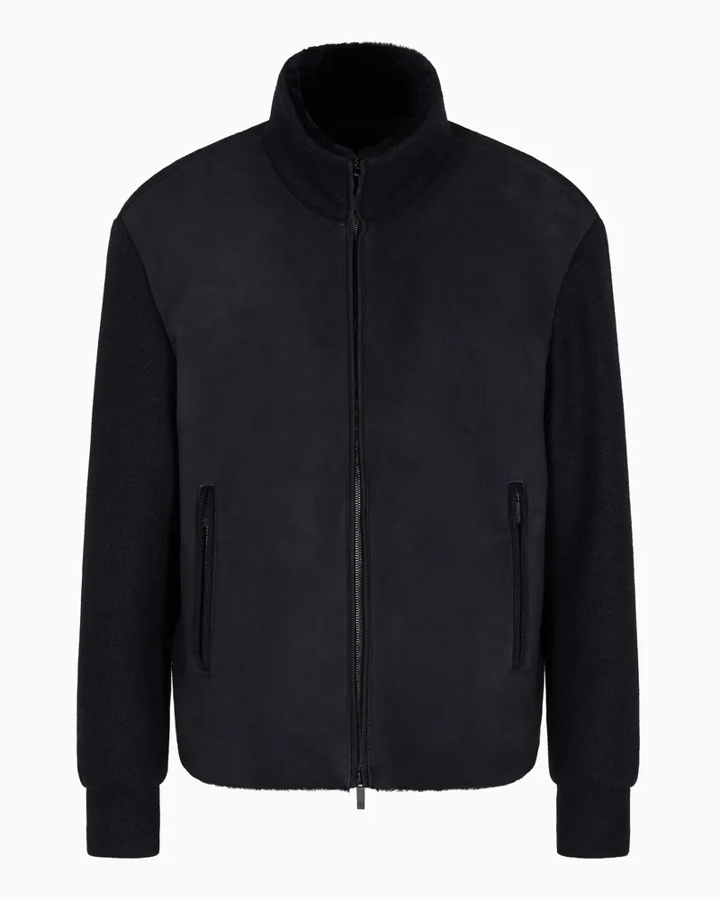 Giorgio Armani Blouson aus Shearling-Veloursleder und Schurwolle Blau