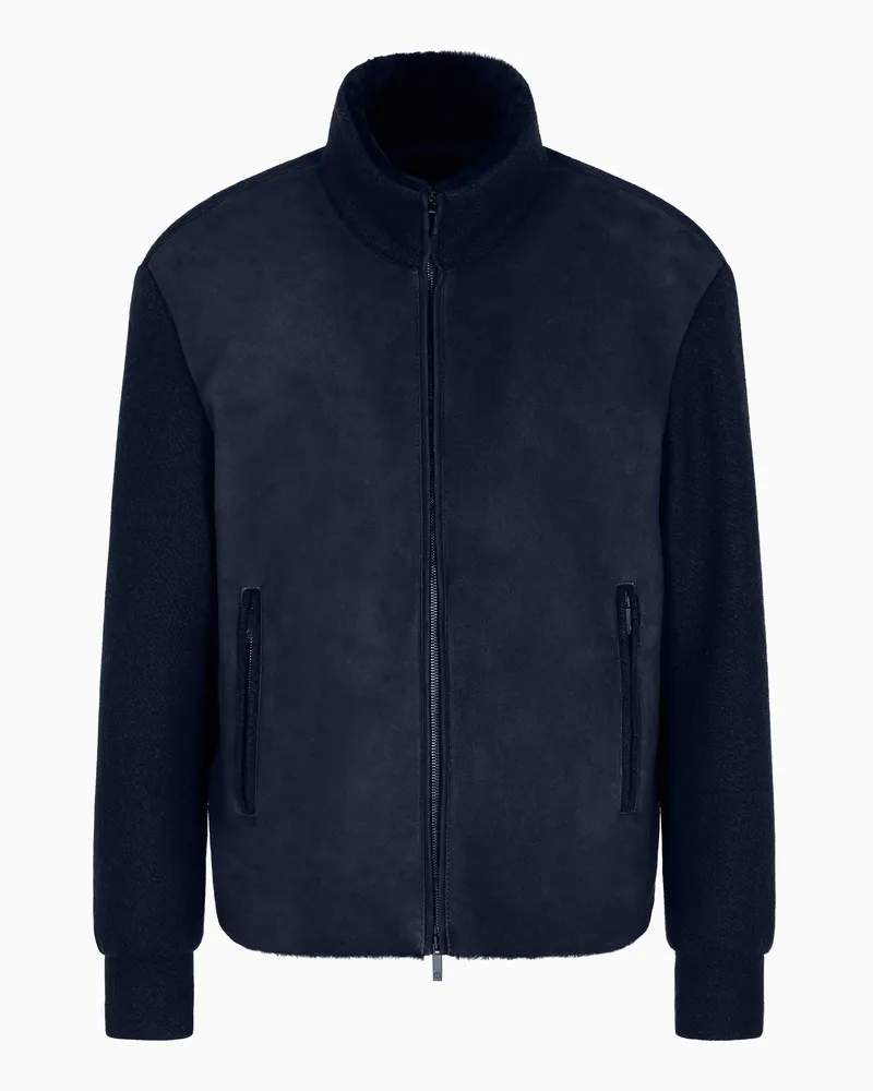 Giorgio Armani Blouson aus Shearling-Veloursleder und Schurwolle Blau