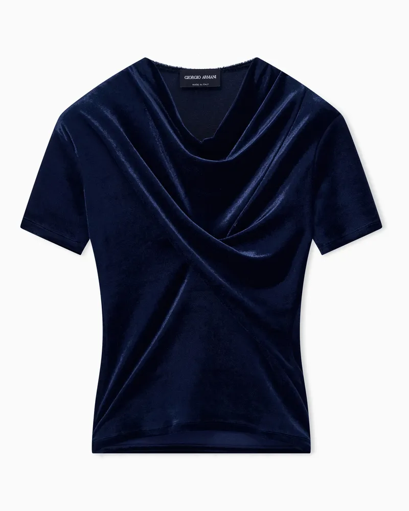Giorgio Armani Chenille-T-Shirt mit Samteffekt und drapiertem Ausschnitt Blau