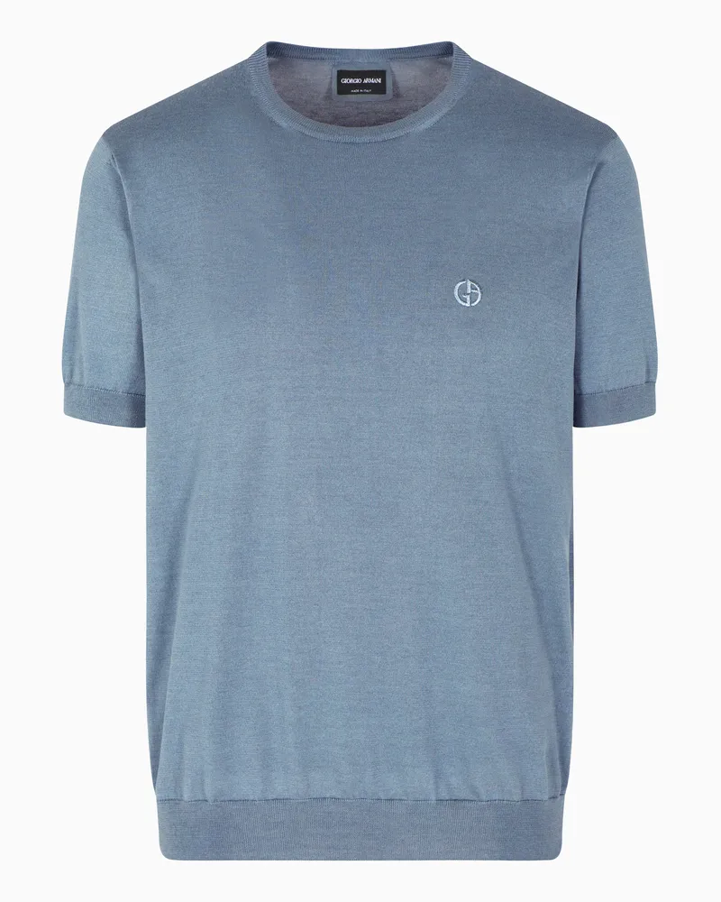 Giorgio Armani Kurzärmeliges Hemd aus Seide und Baumwolle Hellblau