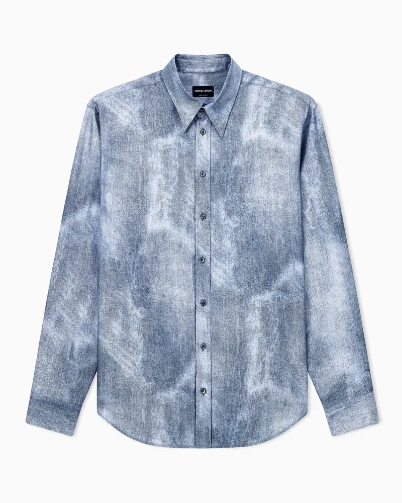 Giorgio Armani Langarmhemd aus Seidentwill mit Delavé-Denim-Effekt Hellblau