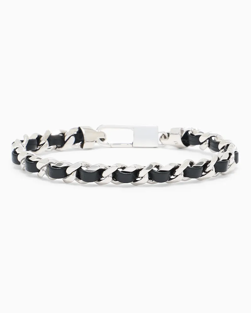 Giorgio Armani Bracelet geflochtenes Lederarmband mit Silbergliedern Schwarz