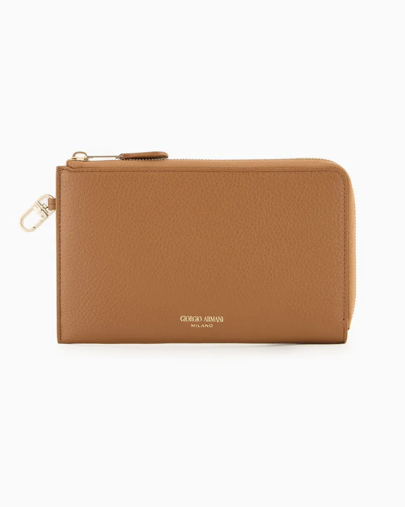 Giorgio Armani Portemonnaie mit Rundum-Reißverschluss, gefertigt aus genarbtem Leder Braun