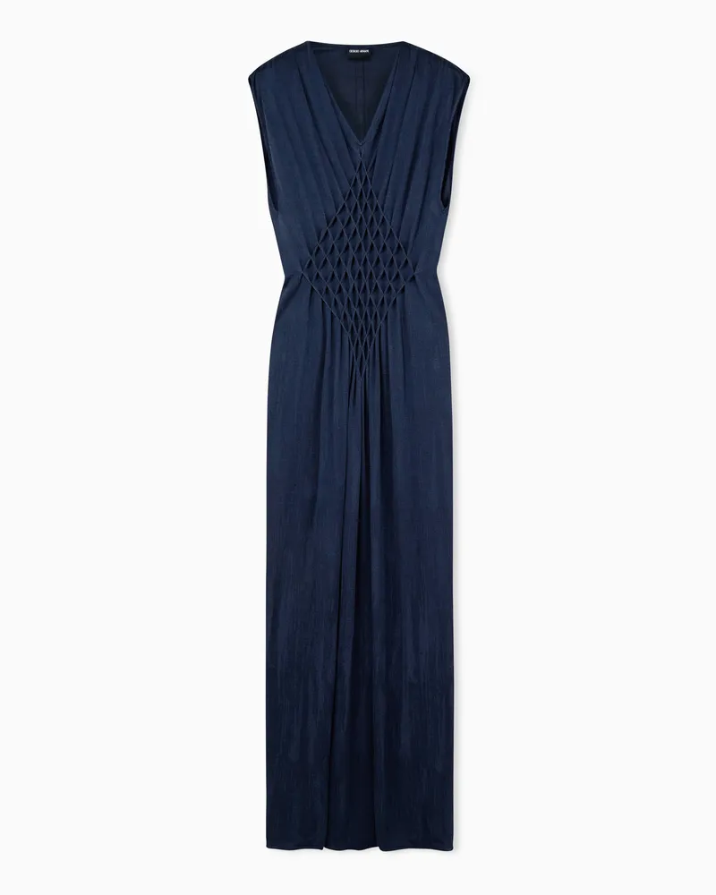 Giorgio Armani Langes Jerseykleid mit V-Ausschnitt und gesmoktem Einsatz Blau