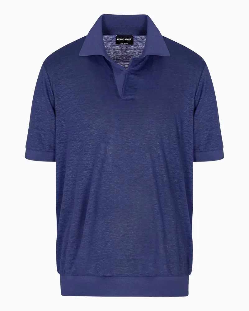 Giorgio Armani Jersey-Poloshirt mit kurzen Ärmeln aus Leinen Blau
