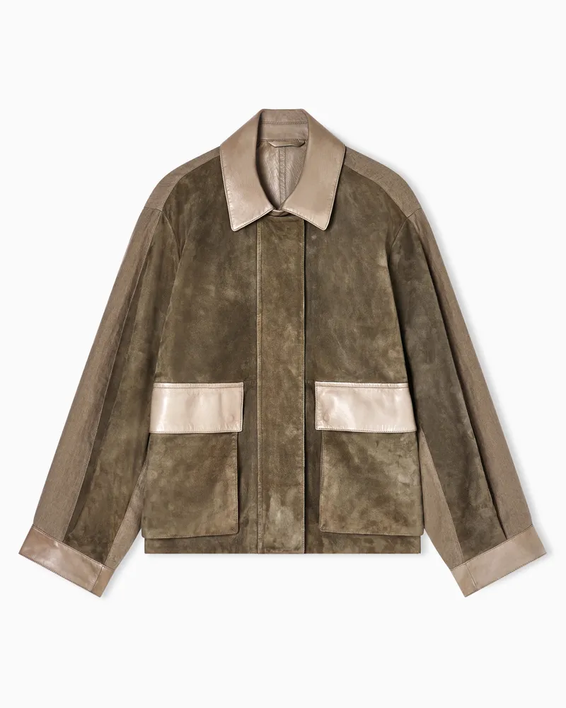 Giorgio Armani Übergroßer Blouson aus Lamm-Veloursleder und Leinen Braun