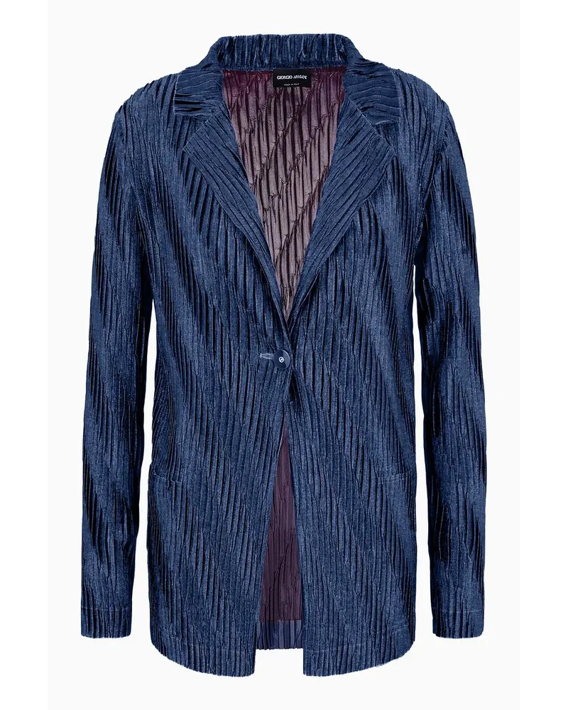 Giorgio Armani Einreihiger Asv Blazer Aus Plissiertem, Zweifarbigem Jersey Blau