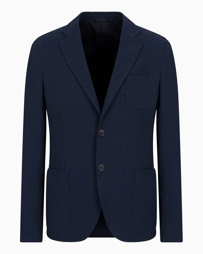 Giorgio Armani Einreihiger Blazer aus dehnbarer Seersucker-Wolle Blau