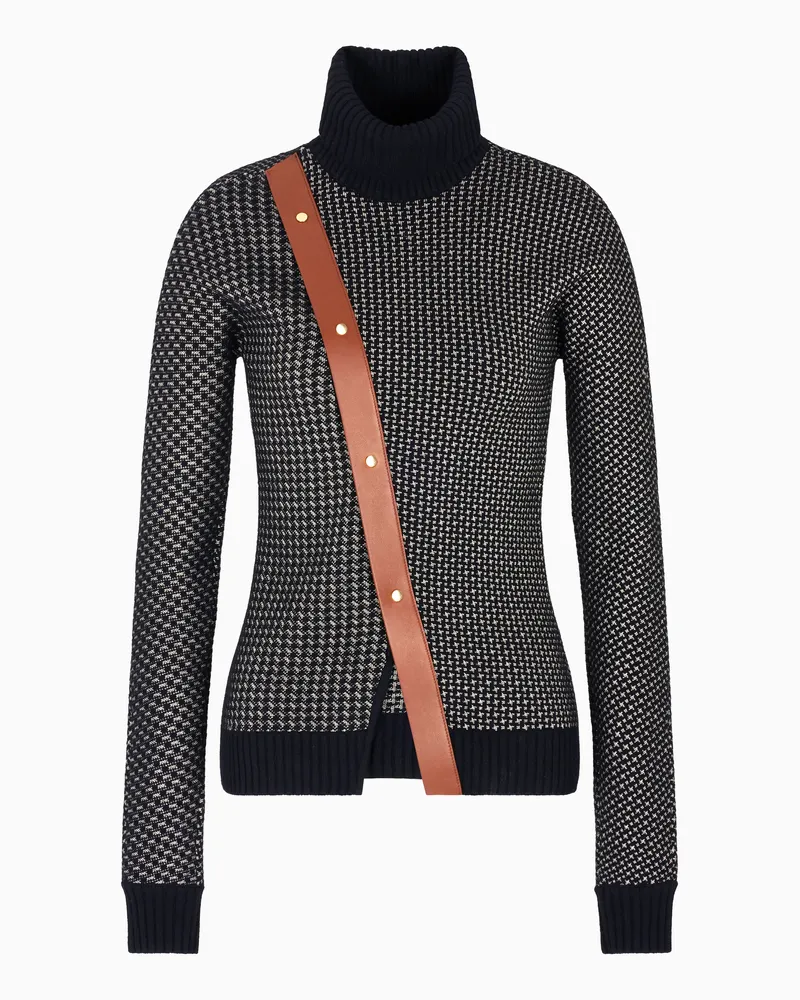 Giorgio Armani Rollkragenpullover aus Wolle und Kaschmir in Jacquard-Stoff-Verarbeitung mit Leder-Detail Schwarz