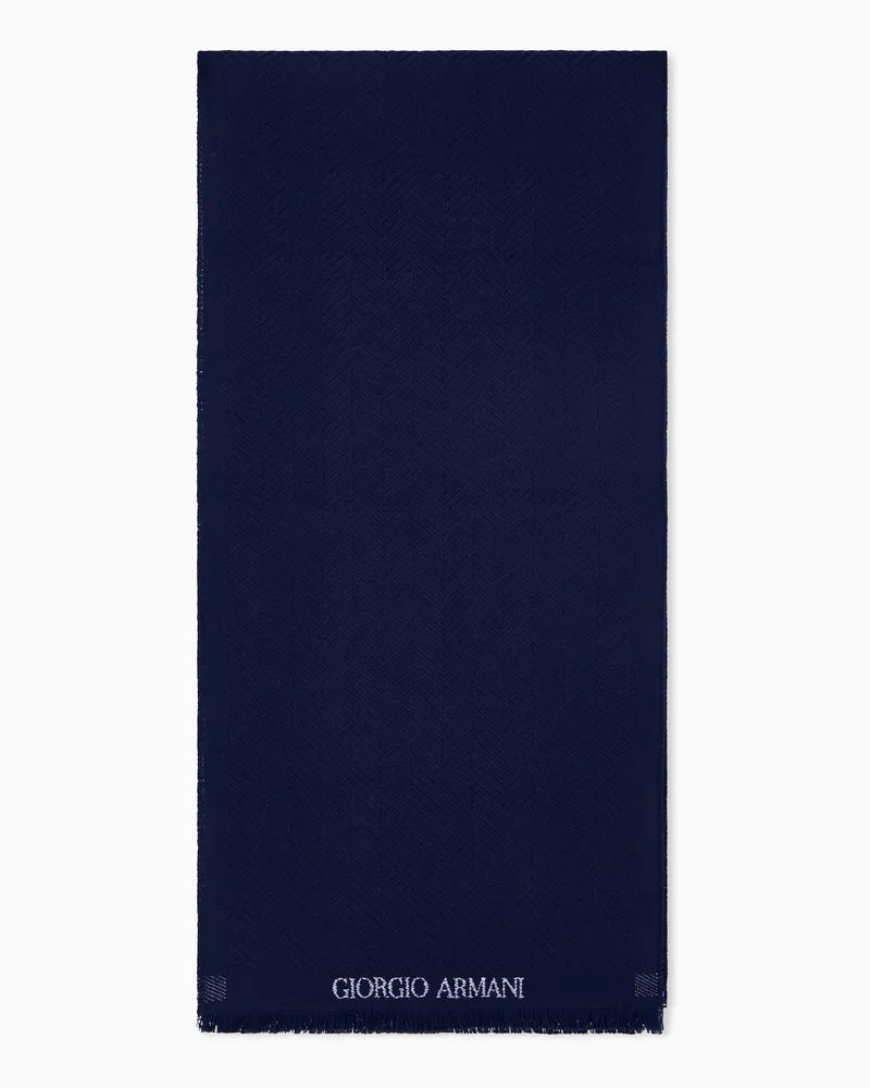 Giorgio Armani Schal aus Schurwolle mit Fischgrätmuster und Fransen Marineblau