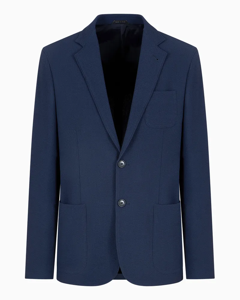 Giorgio Armani Einreihiges Sakko aus Seersucker-Schurwolle der Upton-Line Blau