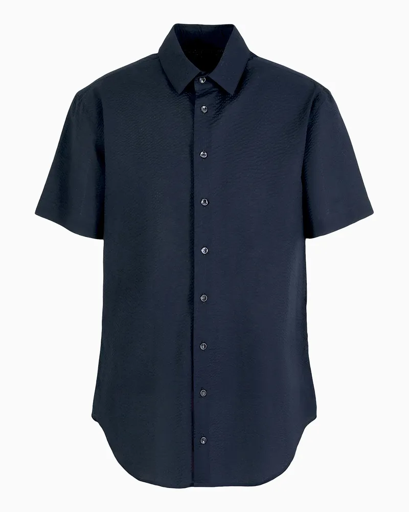 Giorgio Armani Kurzärmliges Hemd in Regular Fit aus Seersucker-Baumwolle Blau