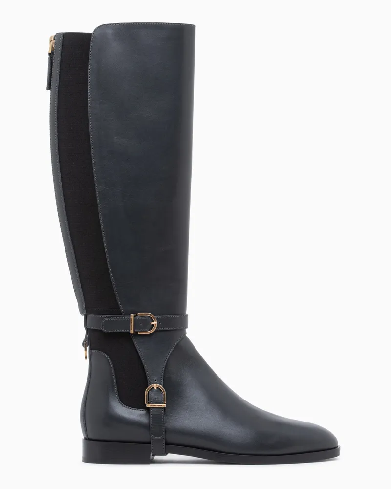 Giorgio Armani Boot kniehohe Reitstiefel aus Leder mit Stretch-Einsatz Grau