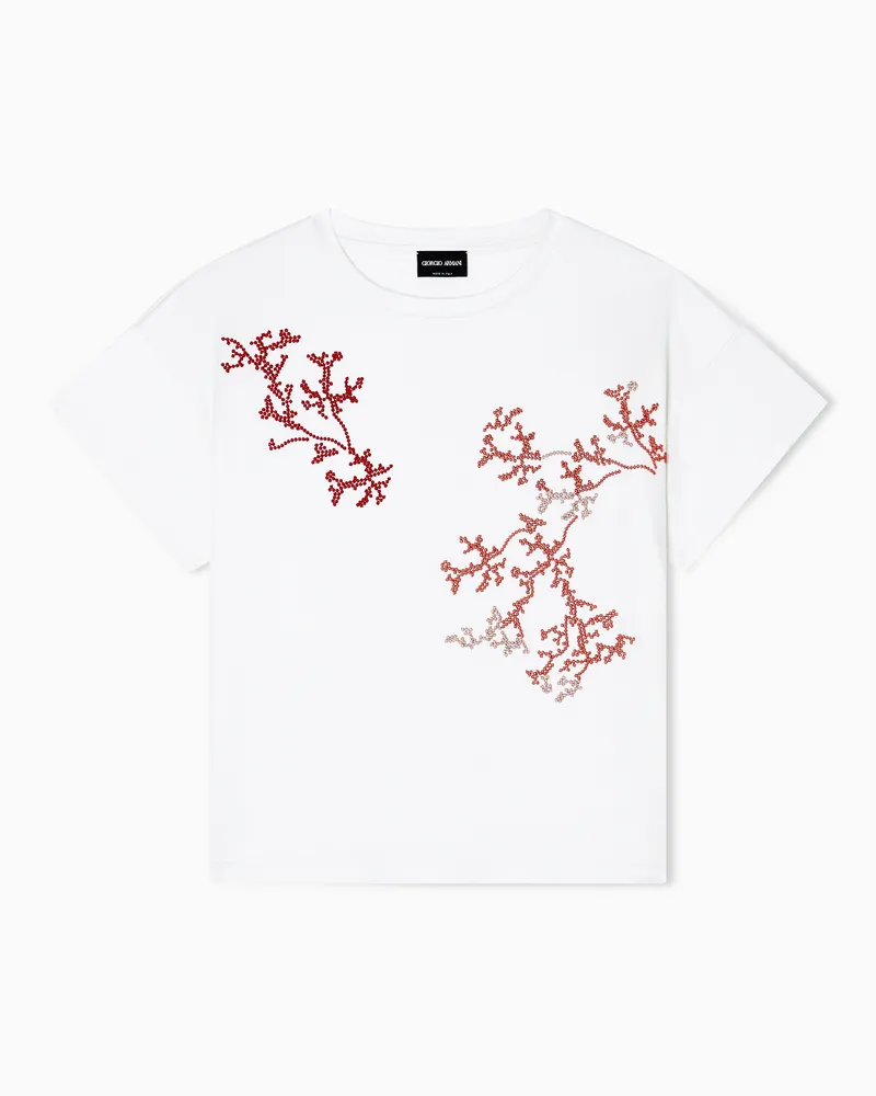 Giorgio Armani T-Shirt aus Interlock aus Seide und Baumwolle mit Korallen-Stickerei Weiß
