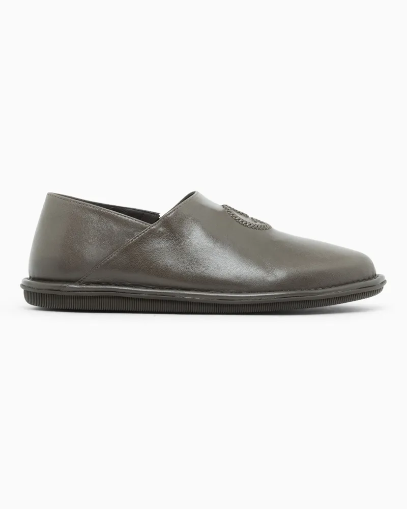 Giorgio Armani Slipper aus Glattleder mit geprägtem Logo und Gummisohle Braun