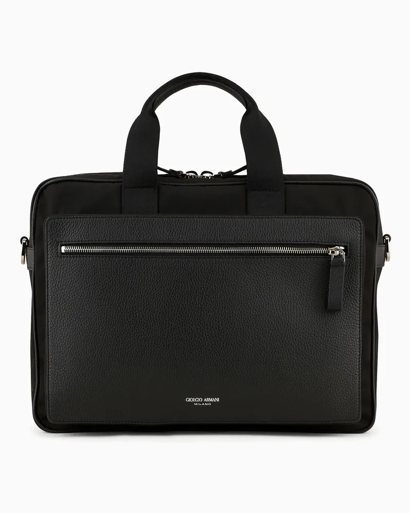 Giorgio Armani Aktentasche aus Nylon und vollnarbigem Leder ASV Schwarz