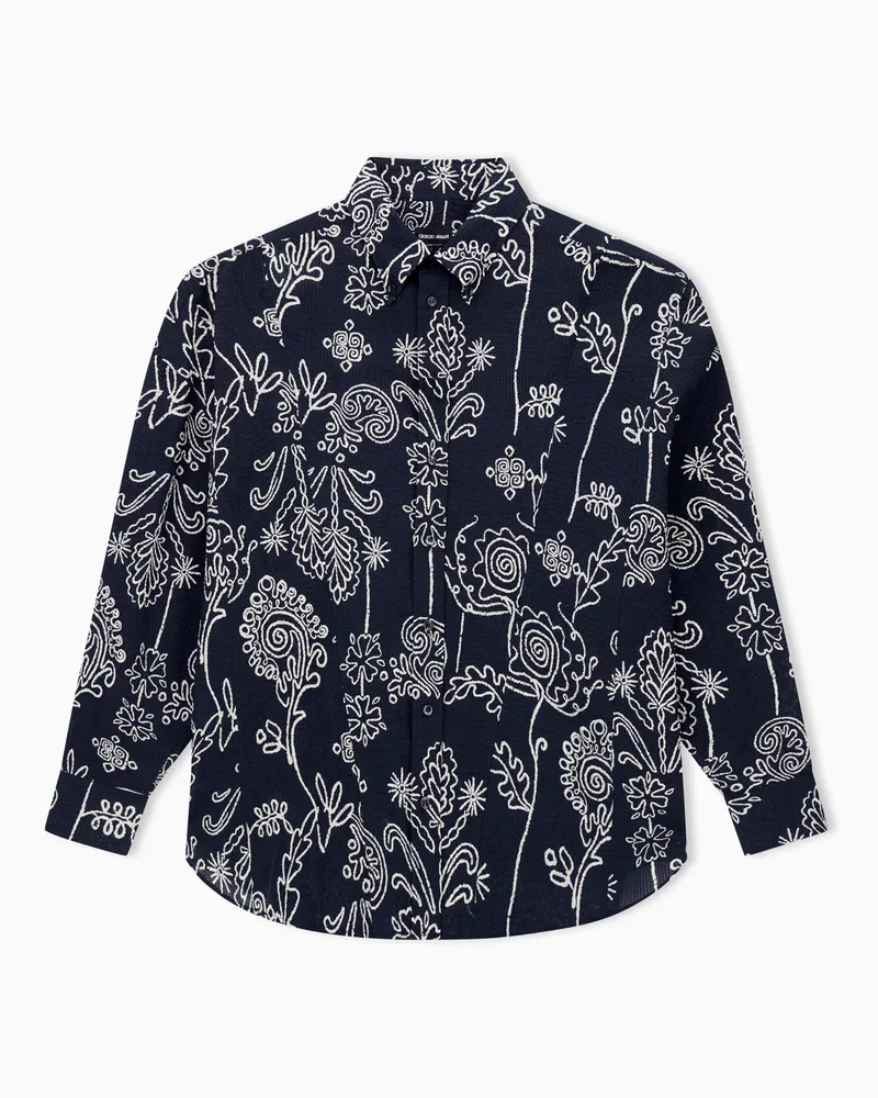 Giorgio Armani Hemd aus bedruckter Seersucker-Baumwolle Marineblau