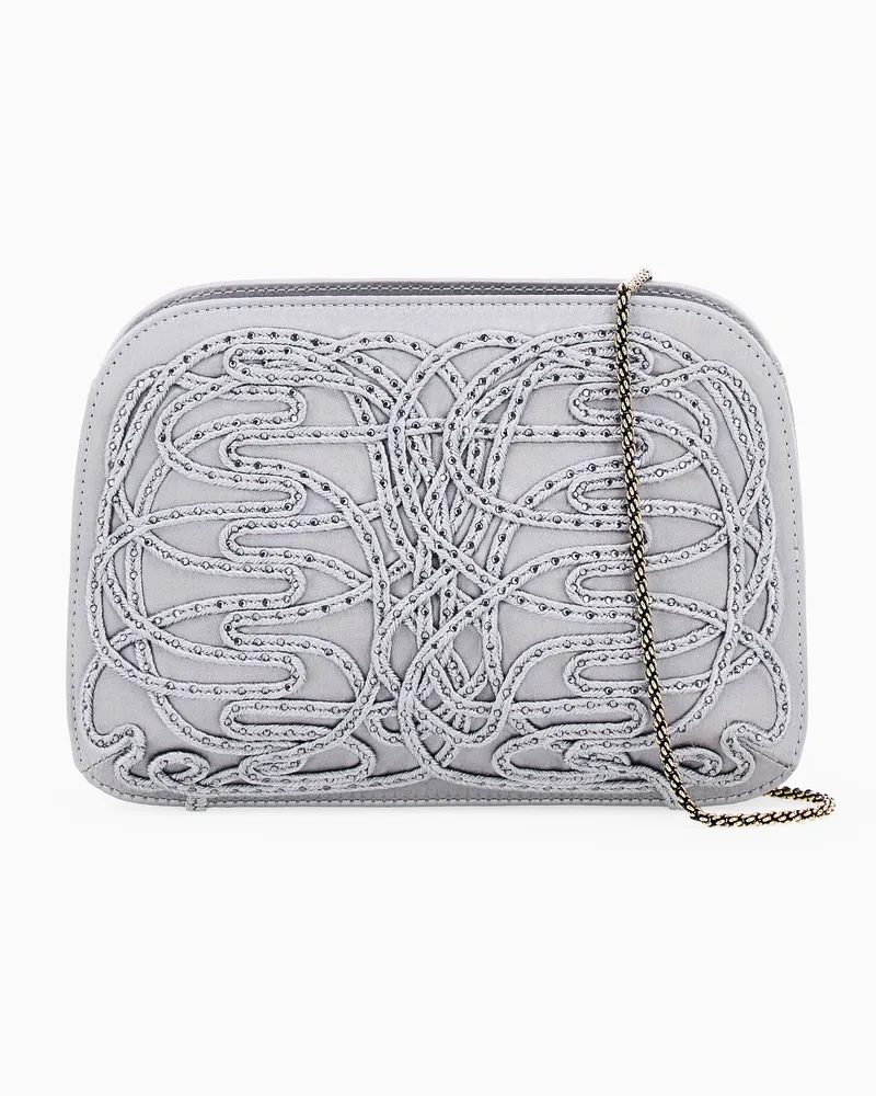 Giorgio Armani Clutch La Prima aus Satin mit Stickerei und Strassbesatz Silber