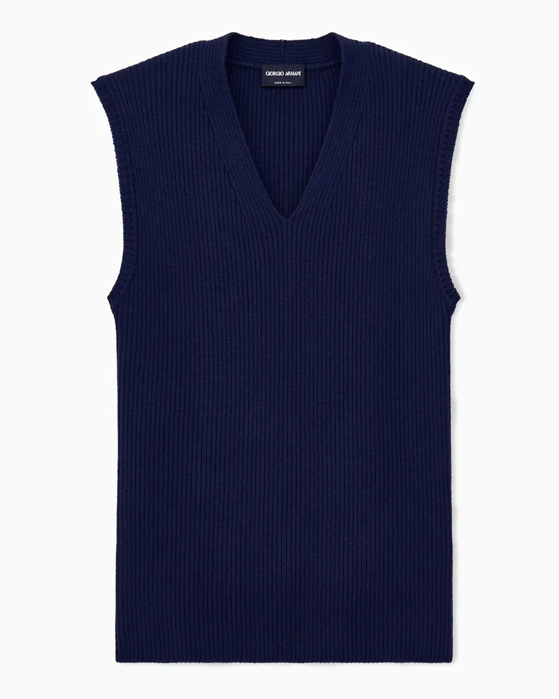 Giorgio Armani Schmal geschnittener Pullunder aus Schurwolle im Rippstrick Marineblau