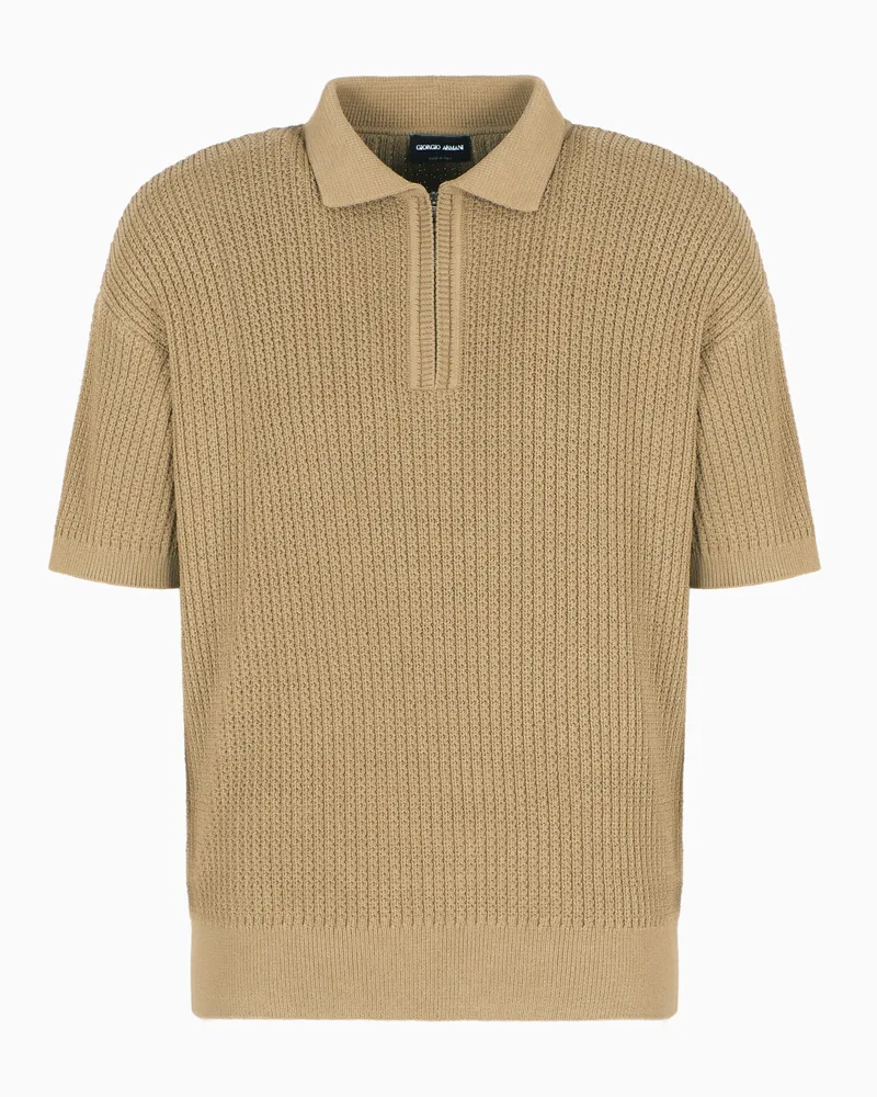 Giorgio Armani Poloshirt mit kurzen Ärmeln aus Viskose-Mischung in Rippenstrick Beige
