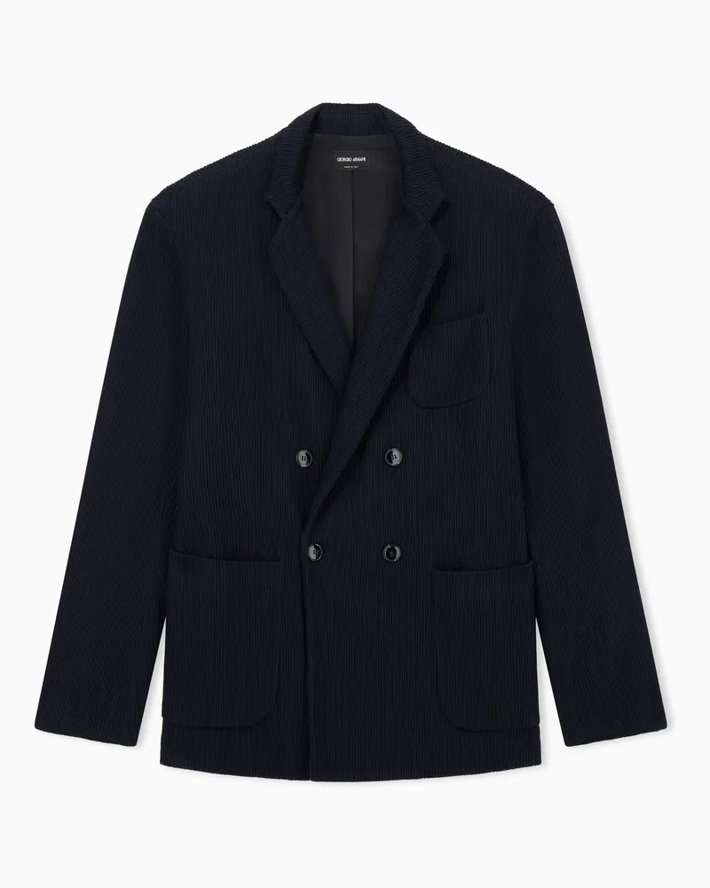 Giorgio Armani Zweireihiger Regular Fit Blazer aus Jersey-Seersucker Marineblau
