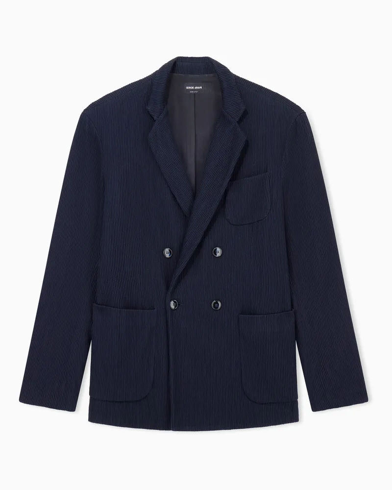 Giorgio Armani Zweireihiger Regular Fit Blazer aus Jersey-Seersucker Marineblau