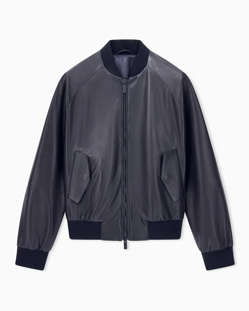 Giorgio Armani Lederblouson mit geripptem Kragen und Reißverschluss Schwarz