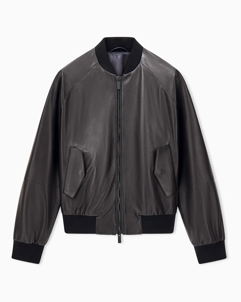 Giorgio Armani Lederblouson mit geripptem Kragen und Reißverschluss Schwarz