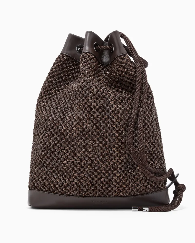 Giorgio Armani Beuteltasche aus Raffiabast und Leder Braun
