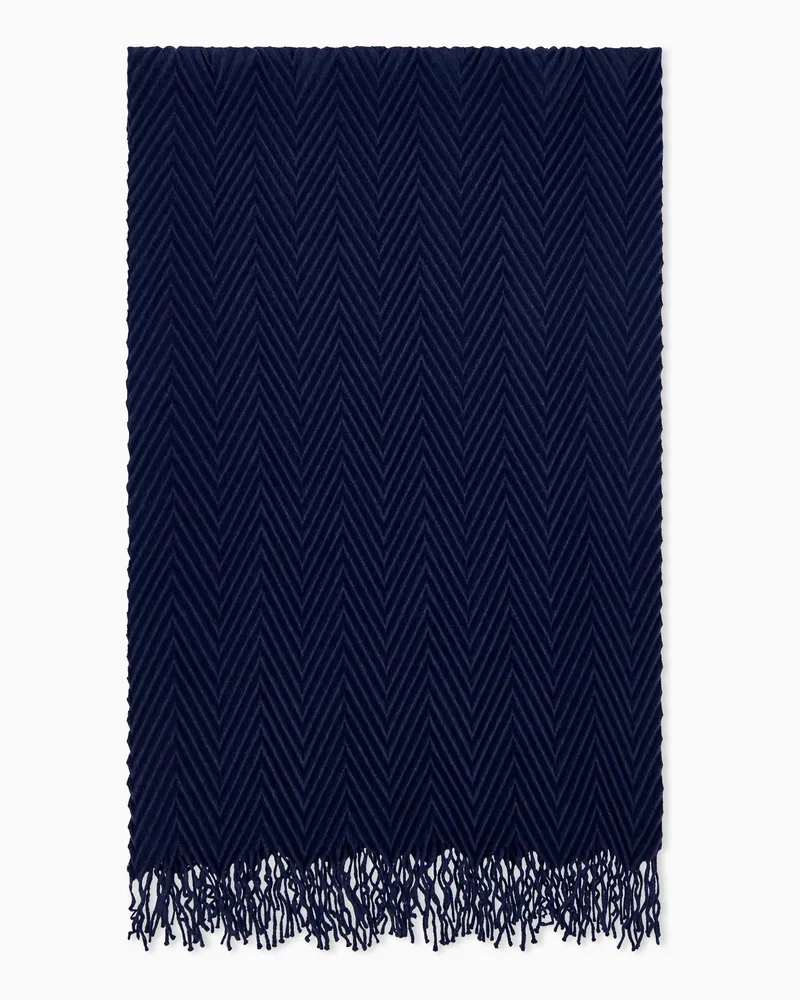 Giorgio Armani Stola aus Kaschmir mit Fischgratmuster und Fransen Marineblau