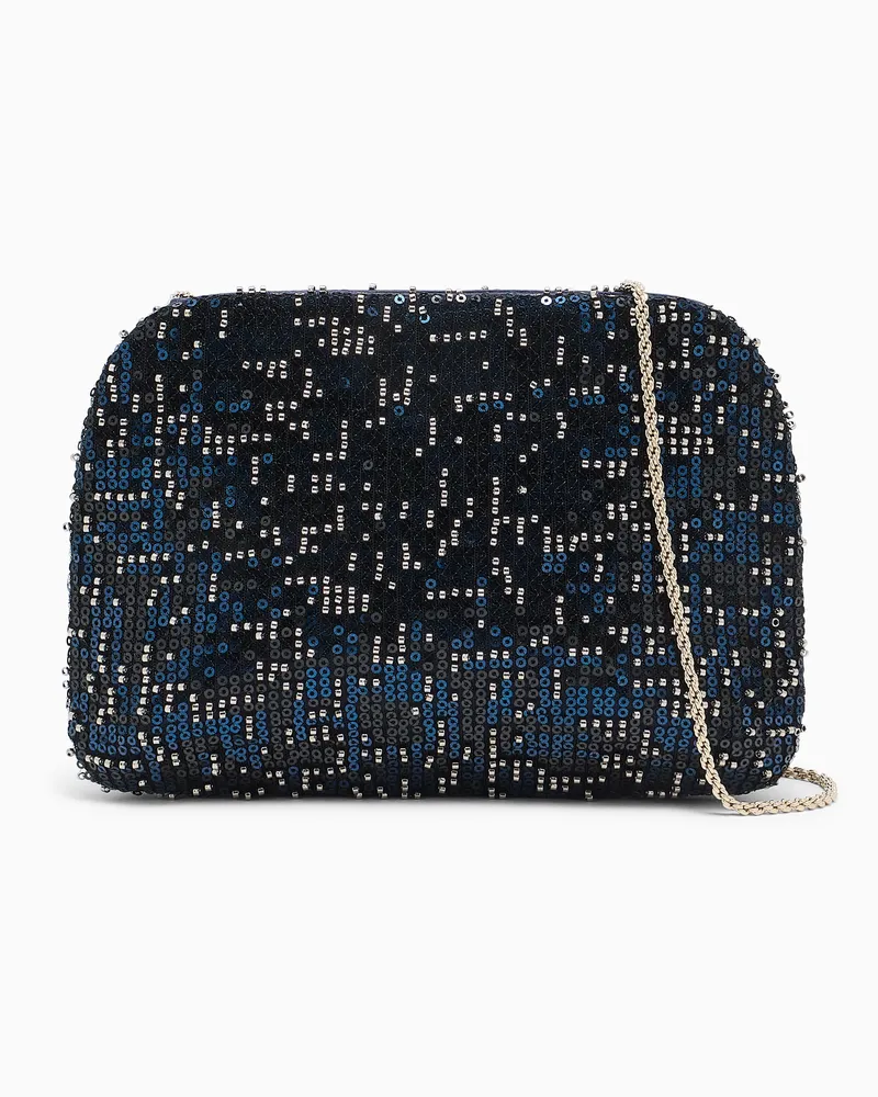 Giorgio Armani Clutch La Prima aus Satin mit Pailletten und Kettenriemen Marineblau