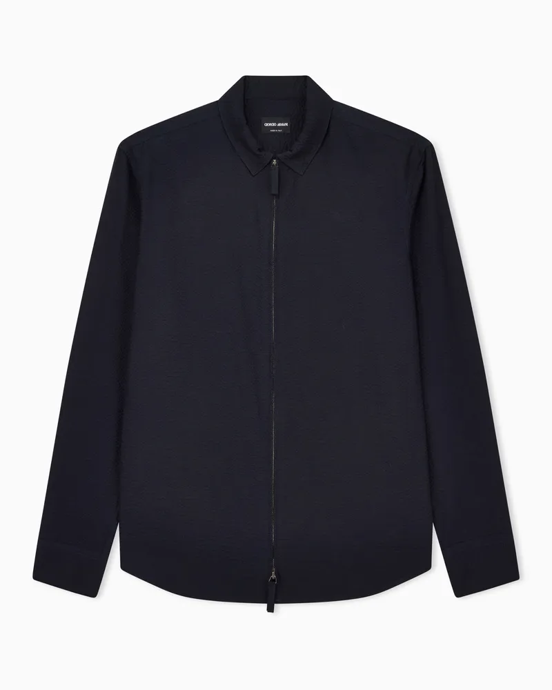 Giorgio Armani Hemd in Slim Fit mit Reißverschluss aus Seersucker-Baumwolle Marineblau